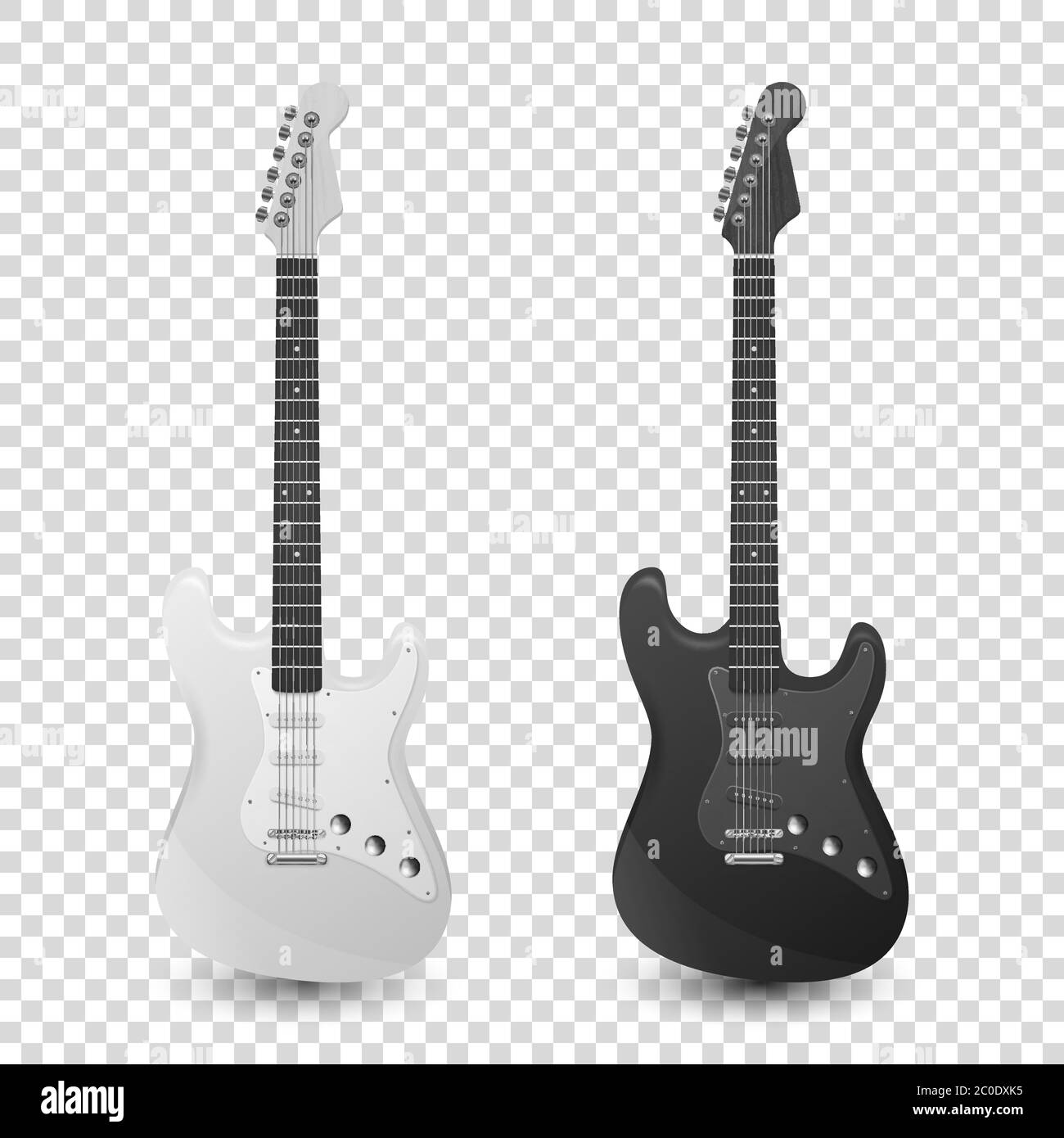 Vector 3d realistico Bianco e nero Classico Vecchio retro Electro Guitar Set icone di legno Closeup isolato su sfondo trasparente. Design Templte Illustrazione Vettoriale