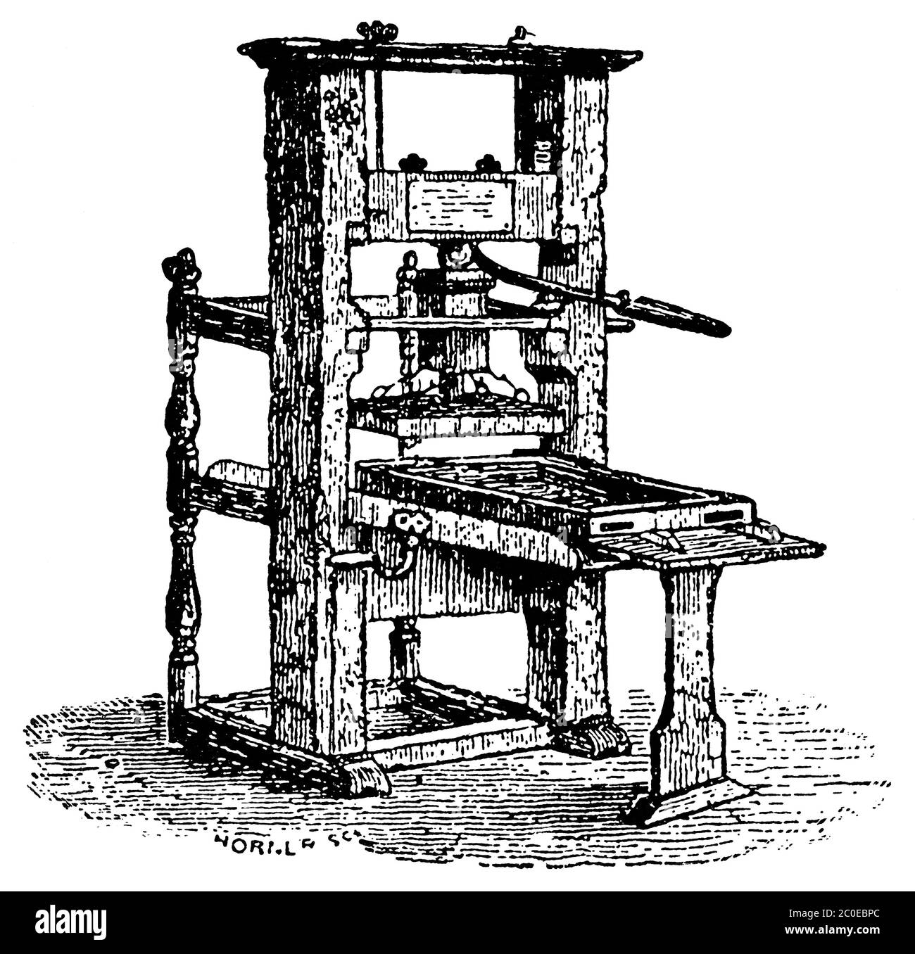 Pressa meccanica per libri in legno, 1880. Illustrazione del 19 ° secolo. Sfondo bianco. Foto Stock