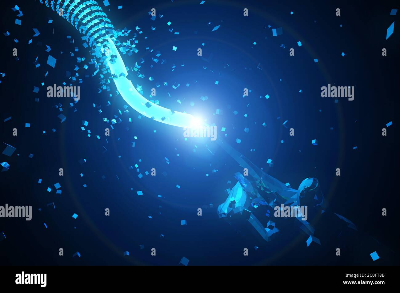 Trasmissione di dati di rete e dita di intelligenza artificiale Foto Stock
