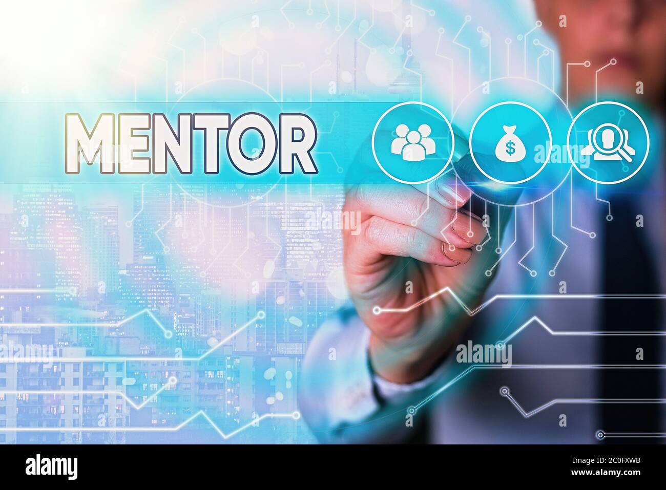 Guida per la scrittura di testo. Foto di lavoro che mostra un individuo che si allena e guida qualcuno che ha il potenziale Foto Stock