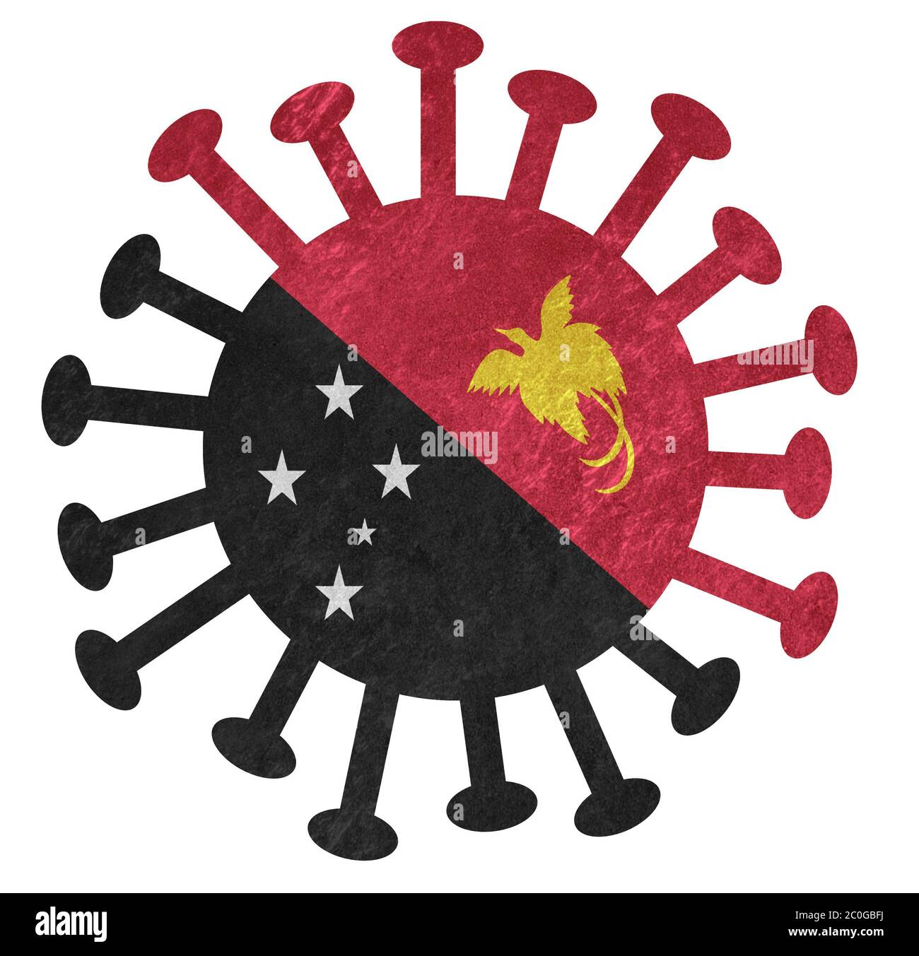 La bandiera nazionale della Papua Nuova Guinea con virus o batteri corona - isolato su bianco Foto Stock
