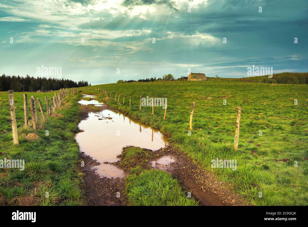 Sentiero di Via Podiensis o Chemin de St-Jacques sulla via francese di San Giacomo, dipartimento Aveyron, Occitanie, Francia Foto Stock