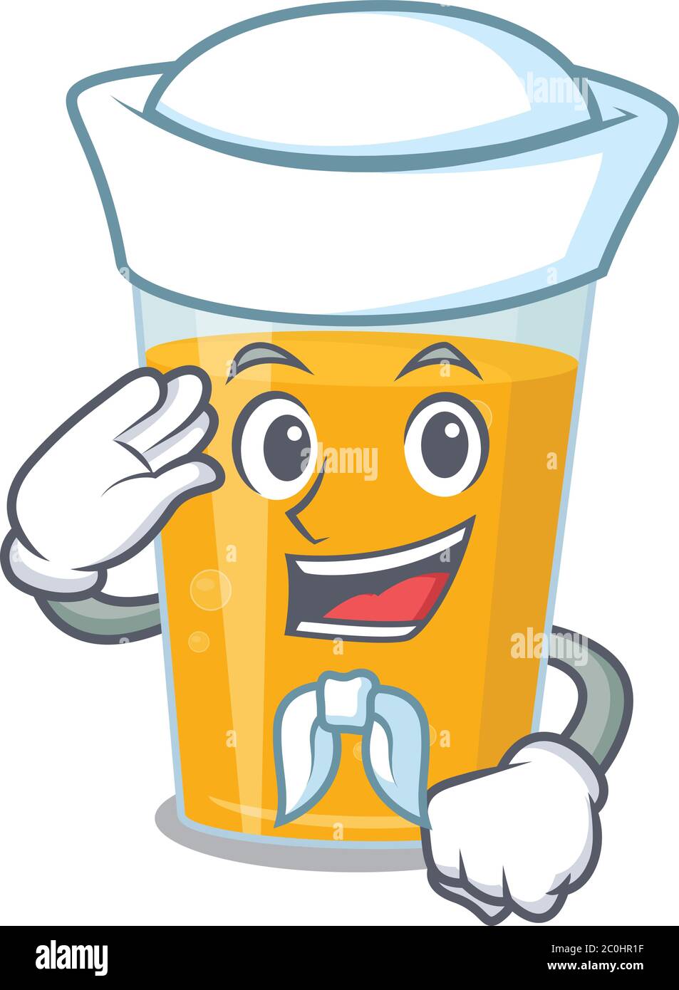 Fumetto marinaio smiley personaggio di bicchiere di succo d'arancia con cappello bianco e cravatta Illustrazione Vettoriale