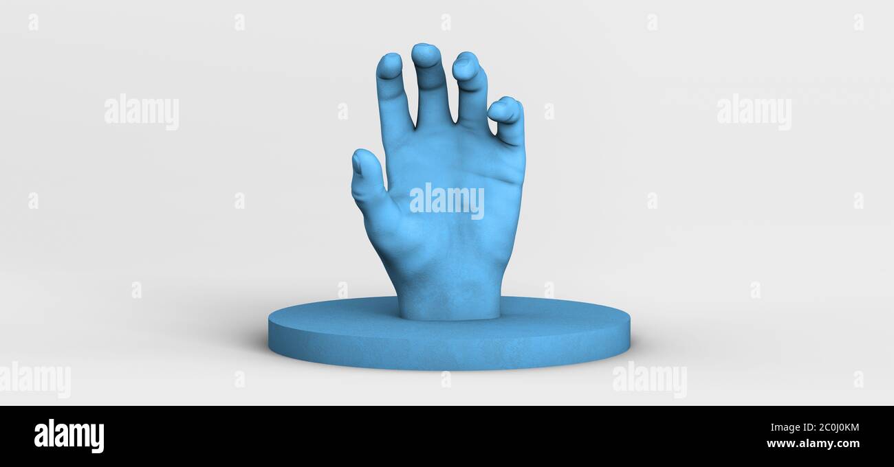 Piedistallo con una mano blu testurizzata per mostrare gli oggetti. Rendering 3D Foto Stock