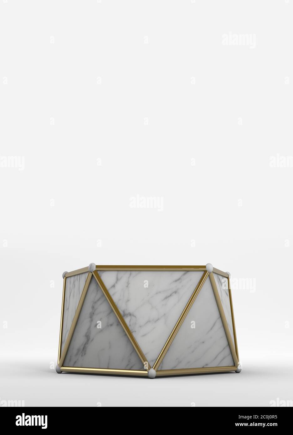 Moderno piedistallo geometrico in marmo vuoto con bordi dorati e due altezze su sfondo bianco neutro per esporre gli oggetti. rendering 3d Foto Stock