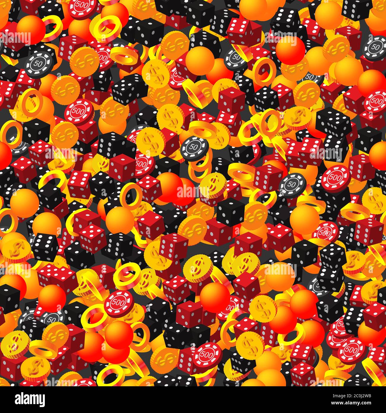 Anelli Balls Poker Chips dadi e monete su Black Illustrazione Vettoriale