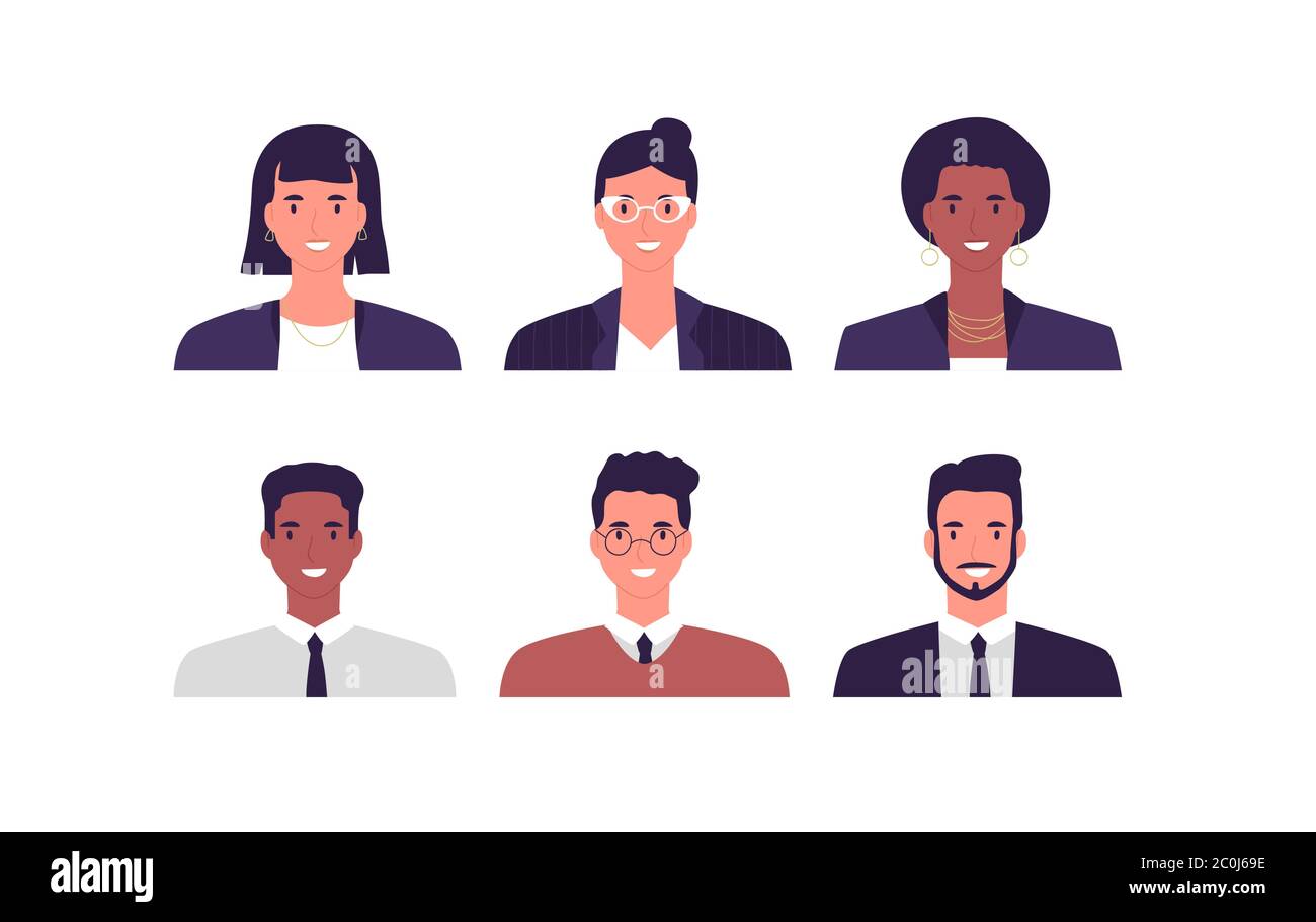 Set di ritratti di persone diverse su sfondo bianco isolato. Uomini e donne sorridenti per il concetto di lavoro aziendale o per il progetto di team di ufficio. Illustrazione Vettoriale
