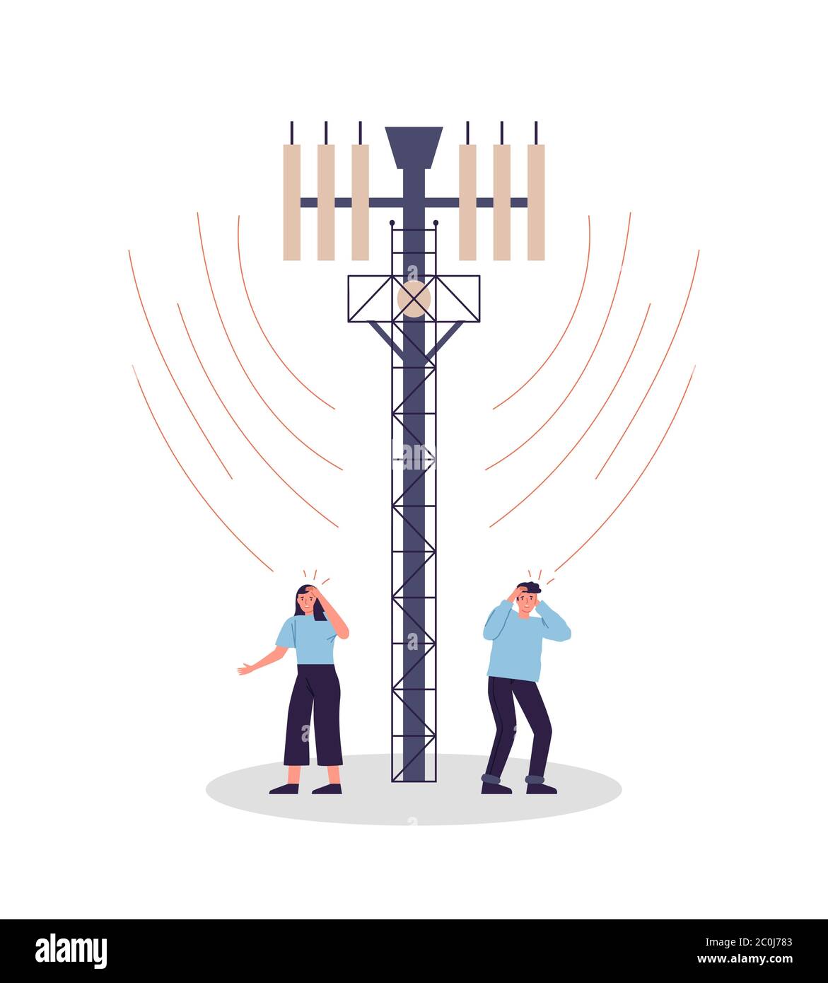 Immagine pericolosa delle radiazioni della torre 5G su sfondo bianco isolato per il concetto di rischio per la salute. Uomo triste e donna con mal di testa, dati mobili dannosi Illustrazione Vettoriale
