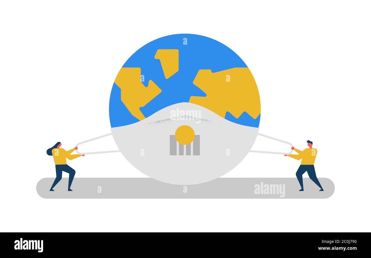 Uomo e donna che mettono maschera chirurgica sul pianeta terra per la salute globale o l'inquinamento ambientale aiuto. Concetto di collaborazione sociale in un appartamento moderno Illustrazione Vettoriale