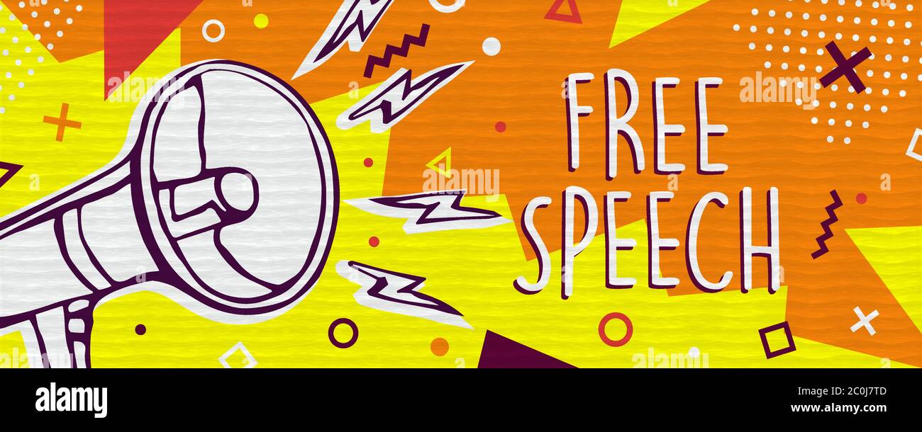 Banner con illustrazione del parlato libero, concetto di libertà di comunicazione in stile colorato alla moda per i social media o il movimento di espressione con simbolo di megafono Illustrazione Vettoriale