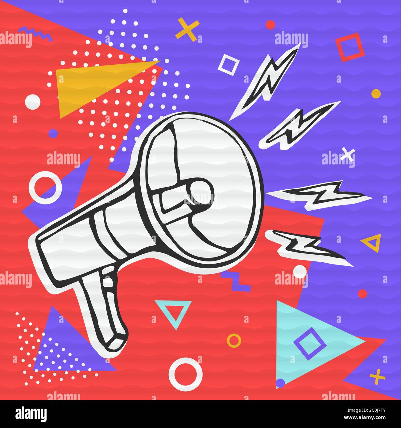 Illustrazione di un cartoon megafono, concetto di comunicazione di idea in stile colorato alla moda per i social media o l'evento di annuncio. Illustrazione Vettoriale