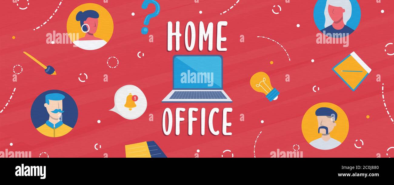 Illustrazione banner piatto per ufficio domestico per lavoro online o riunione del team di lavoro in tempo di quarantena. Computer portatile sul luogo di lavoro della casa con connessione Illustrazione Vettoriale