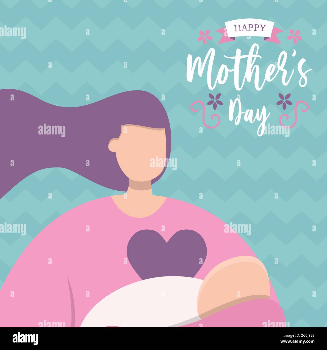 Felice scheda di saluto del giorno della Madre, mamma che tiene bambino con messaggio di citazione di testo floreale per la vacanza amore della madre. Illustrazione Vettoriale