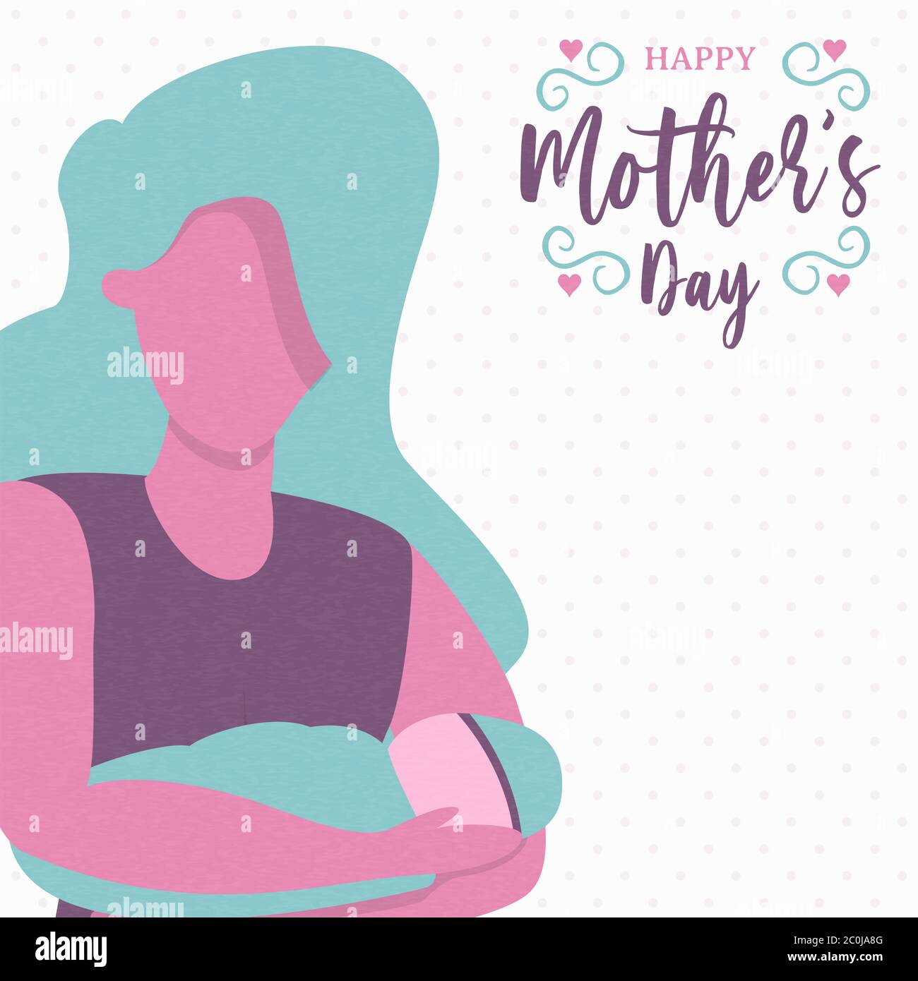 Biglietto di auguri per il giorno della mamma che tiene il bambino con amore. Illustrazione moderna della gente rosa per la festa della madre. Illustrazione Vettoriale