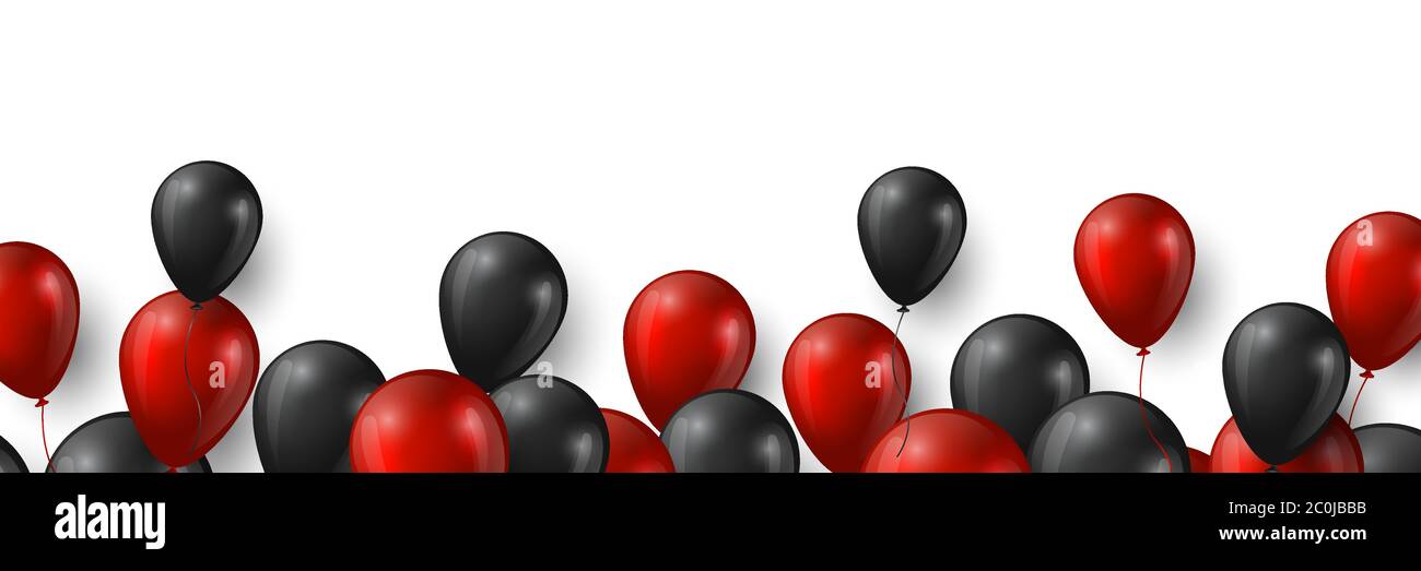 Banner vendita Black Friday con palloncini rossi e neri lucidi su sfondo bianco, illustrazione vettoriale. Illustrazione Vettoriale