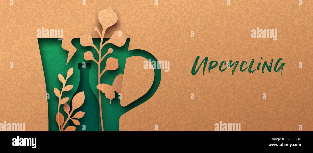 Upcycle banner papercut con foglia di pianta e farfalla all'interno di oggetti domestici rotti. Simbolo di upcycling ecocompatibile, concetto di zero sprechi. Ritaglio 3D in recy Illustrazione Vettoriale