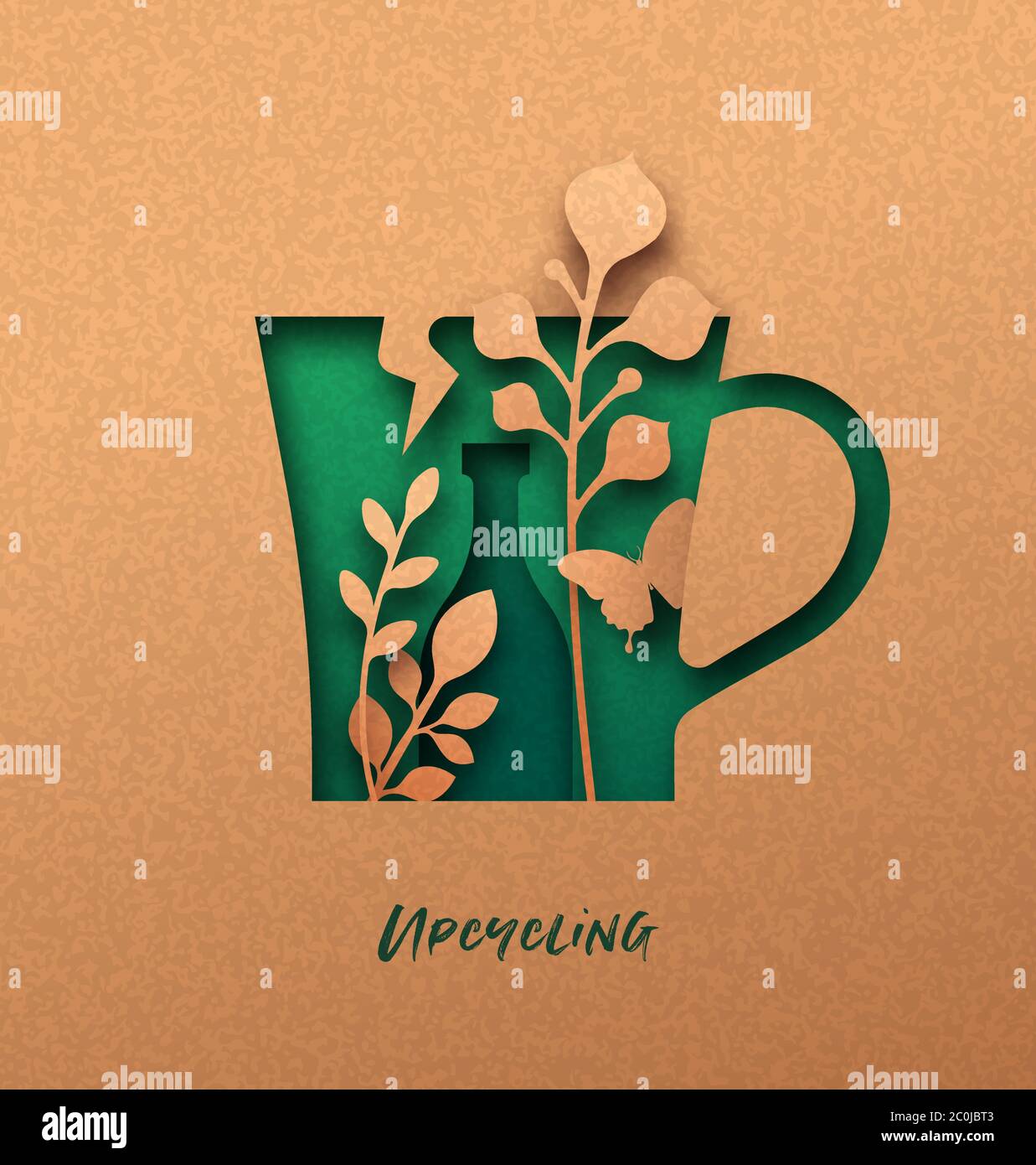 Upcycle papercut illustrazione con foglia di pianta e farfalla all'interno di oggetti domestici rotti. Simbolo di upcycling ecocompatibile, concetto di zero sprechi. Ritaglio 3D i Illustrazione Vettoriale