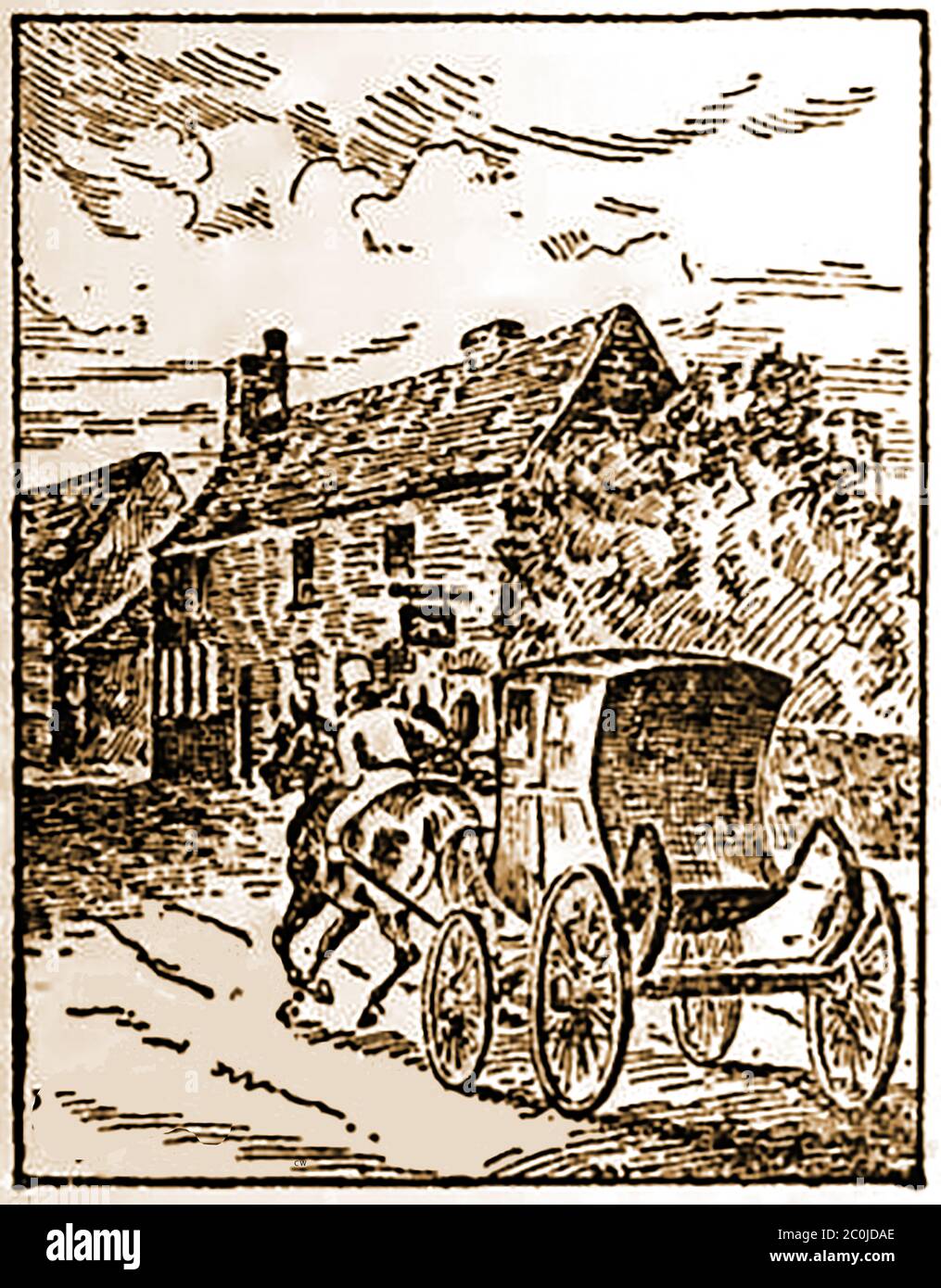 Un vecchio schizzo della White Horse Inn, Barnby Moor durante l'era del coaching. Il 1 6 ottobre 1786, il primo pullman postale da Londra, presso la Great North Road, partì per il suo viaggio. Il primo cambio di cavalli nello Yorkshire fu a Doncaster. Il pullman fu avvisato da Barnby Moor a Doncaster dal Sig. Stanuel, che a quel tempo tenne la Red Lion Inn, a Scott Lane. Una folla si è riunita per incontrarla, e fu scortata sul palco tra Doncaster e Ferrybridge da MR. Woodcock, dell'Old Angel Inn, Frenchgate, la più antica casa di distacco a Doncaster. Foto Stock