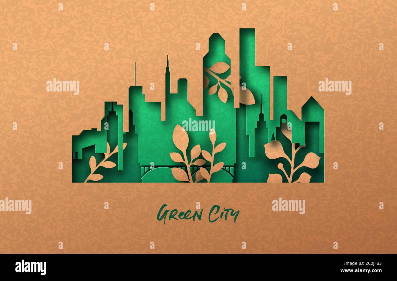 Moderna illustrazione verde della città in papercut con skyline della torre e foglie di piante che crescono all'interno. Stile di vita urbano eco-compatibile, concetto di taglio 3d Illustrazione Vettoriale