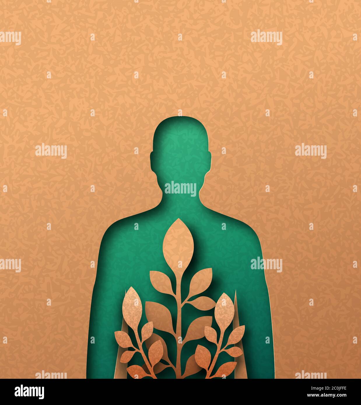 Uomo verde illustrazione papercut con foglia di pianta che cresce all'interno. Stile di vita delle persone eco-friendly, connessione alla natura o concetto di medicina naturale. cutou 3d Illustrazione Vettoriale