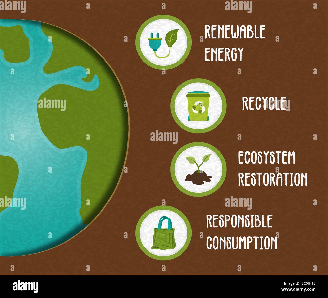 Modello infografico ecocompatibile per l'aiuto al pianeta verde, l'illustrazione dell'ambiente educativo include l'energia rinnovabile, il riciclo e la borsa di carta icona co Illustrazione Vettoriale