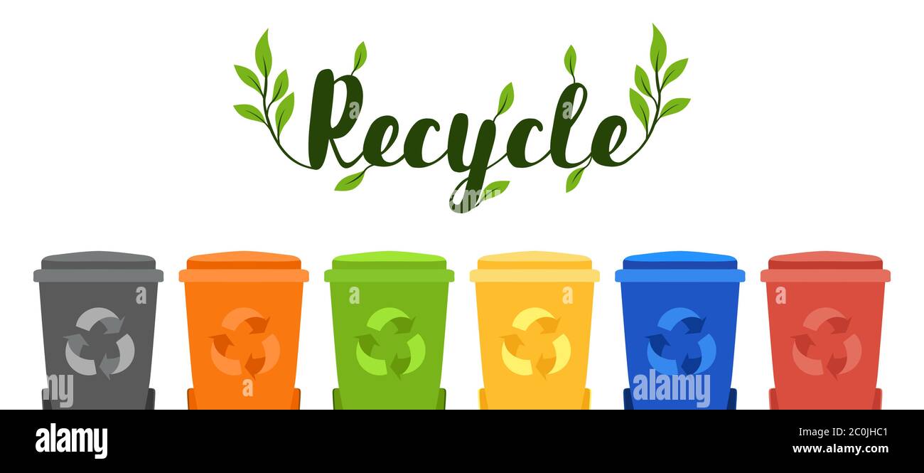 Illustrazione colorata del banner del cestino per attività di riciclaggio in contenitori per rifiuti ecologici separati. Campagna di aiuto alla natura o concetto di riduzione dei rifiuti. Illustrazione Vettoriale