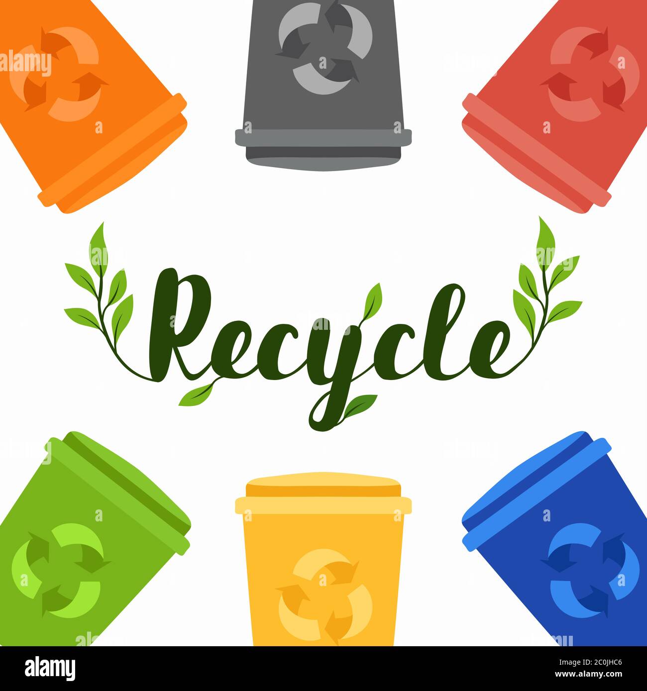 Illustrazione colorata del cestino per attività di riciclaggio in contenitori per rifiuti ecologici separati. Campagna di aiuto alla natura o concetto di riduzione dei rifiuti. Illustrazione Vettoriale