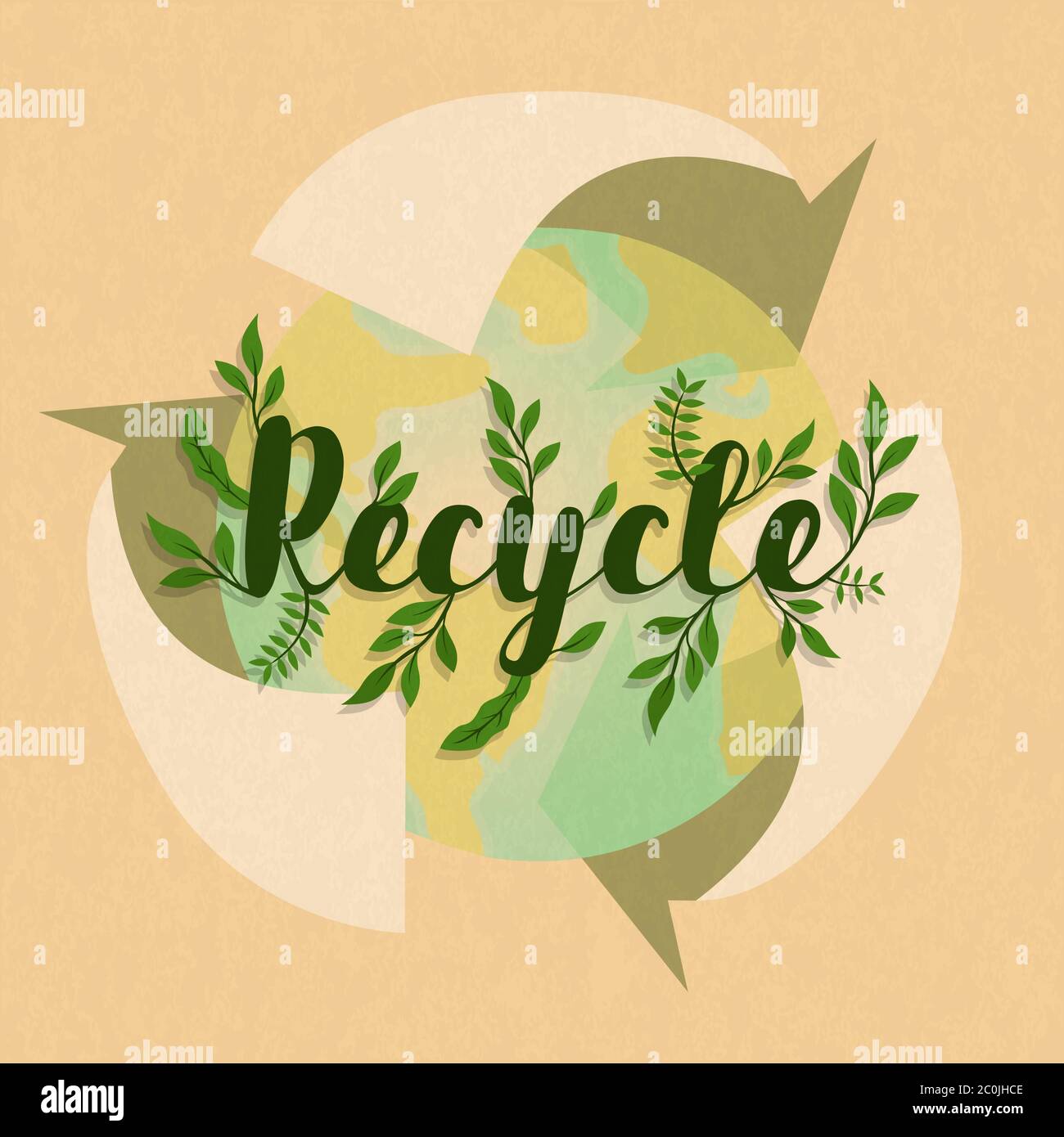 Simbolo di riciclaggio con mappa pianeta terra verde e foglia di pianta. Concetto di guida ambientale per l'attività di riciclaggio. Illustrazione Vettoriale