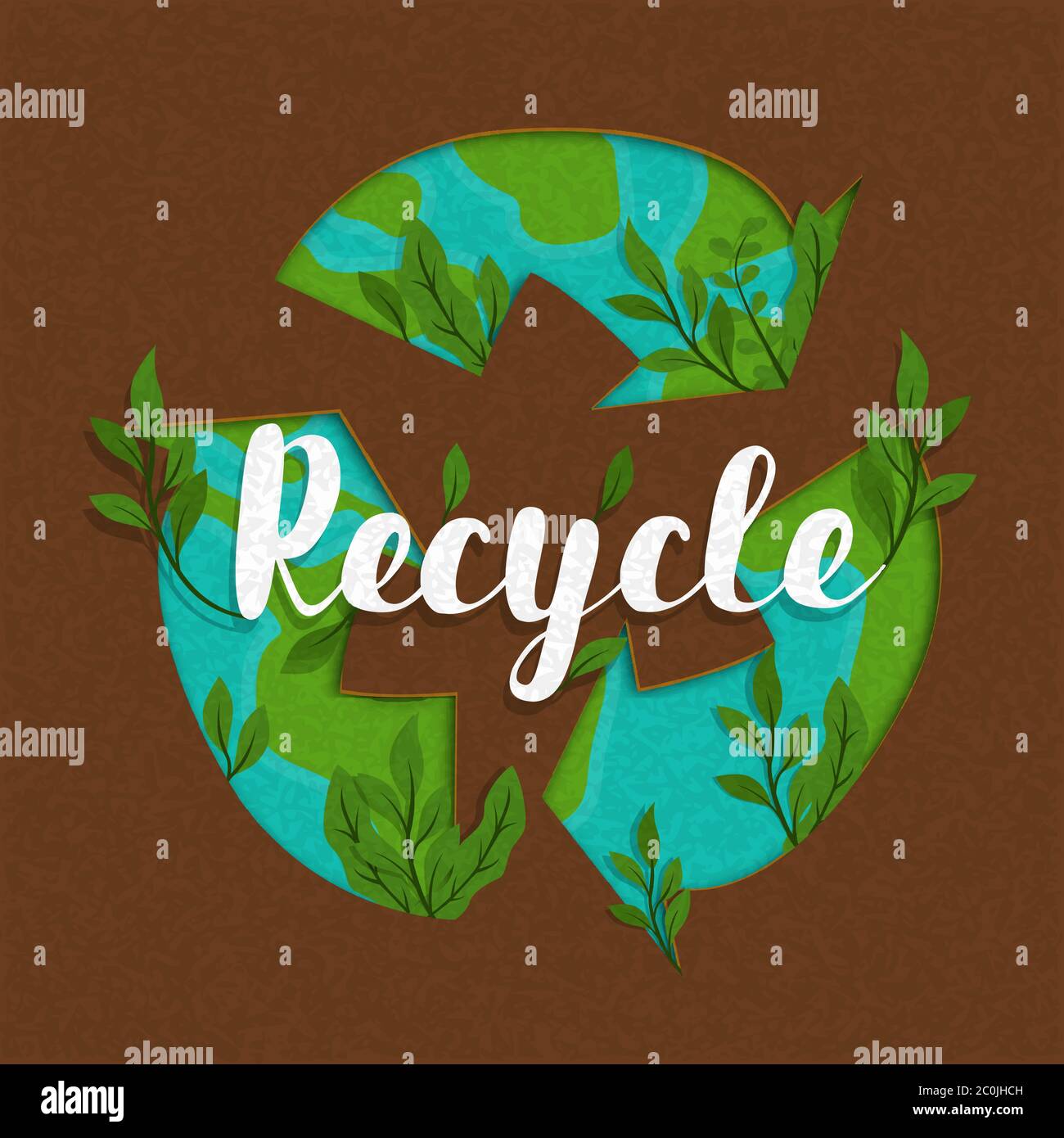 Riciclare l'illustrazione dei simboli con la mappa del pianeta terra verde e foglia di pianta in carta riciclata texture. Concetto di guida ambientale per l'attività di riciclaggio. Illustrazione Vettoriale