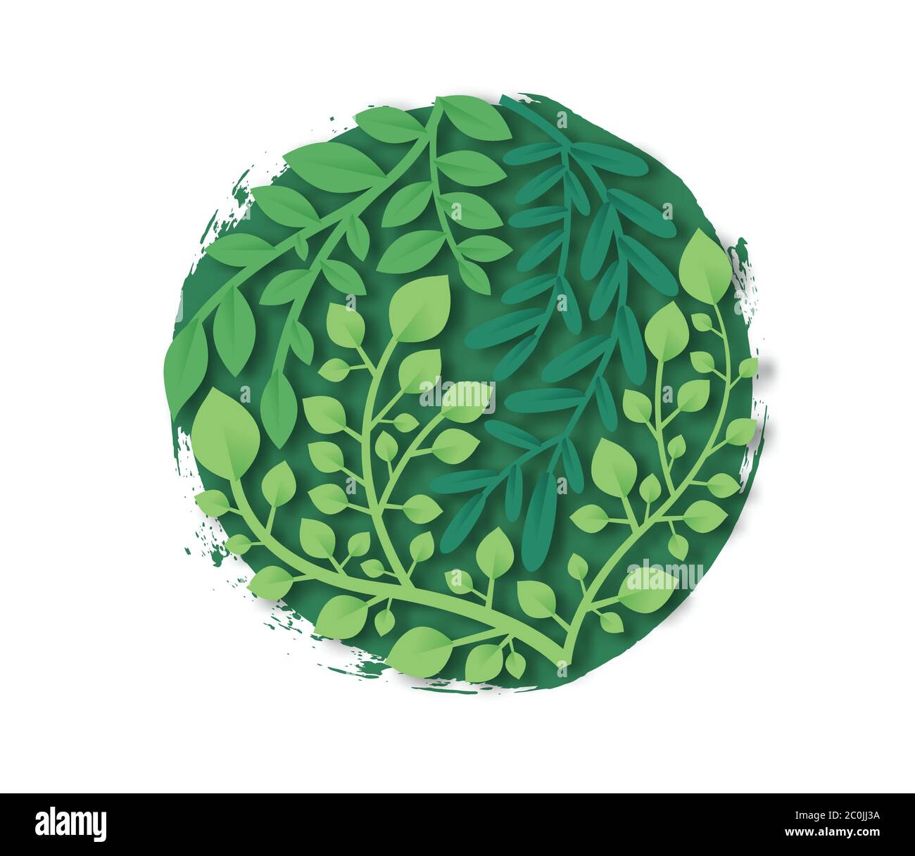 Foglia di papercut verde con cerchio di vernice fatto a mano su sfondo isolato per un concetto di guida ecologica o ambientale. 3D fogli di pianta tagliati di carta rotondi fr Illustrazione Vettoriale