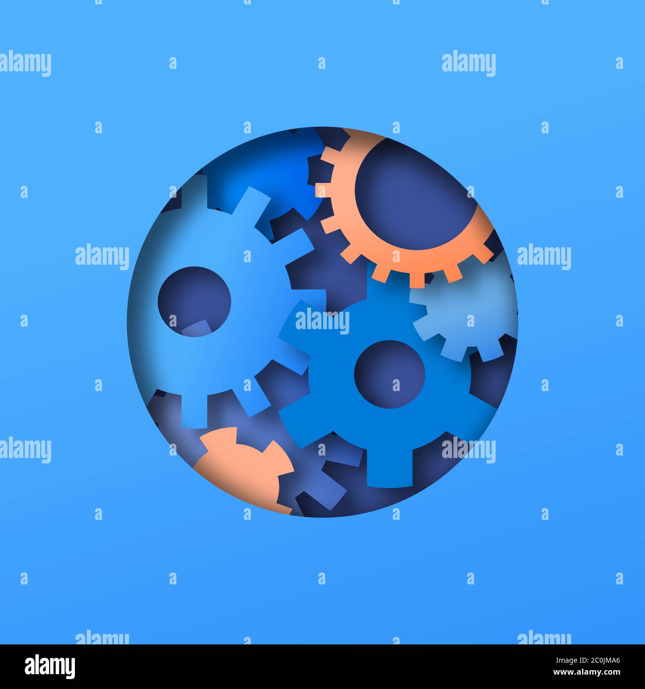 Ingranaggi a ruota dentata Papercut all'interno di un cerchio aperto, illustrazione 3d stratificata del taglio della carta su sfondo isolato per un processo di idea o un concetto tecnologico. Illustrazione Vettoriale