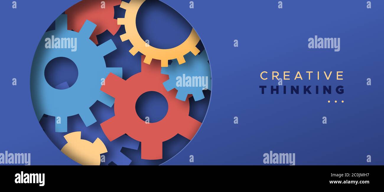 Concetto di pensiero creativo degli ingranaggi a ruota dentata papercut all'interno di un'illustrazione 3d a strati a cerchio aperto per il taglio di carta per il processo di idea o il business. Illustrazione Vettoriale