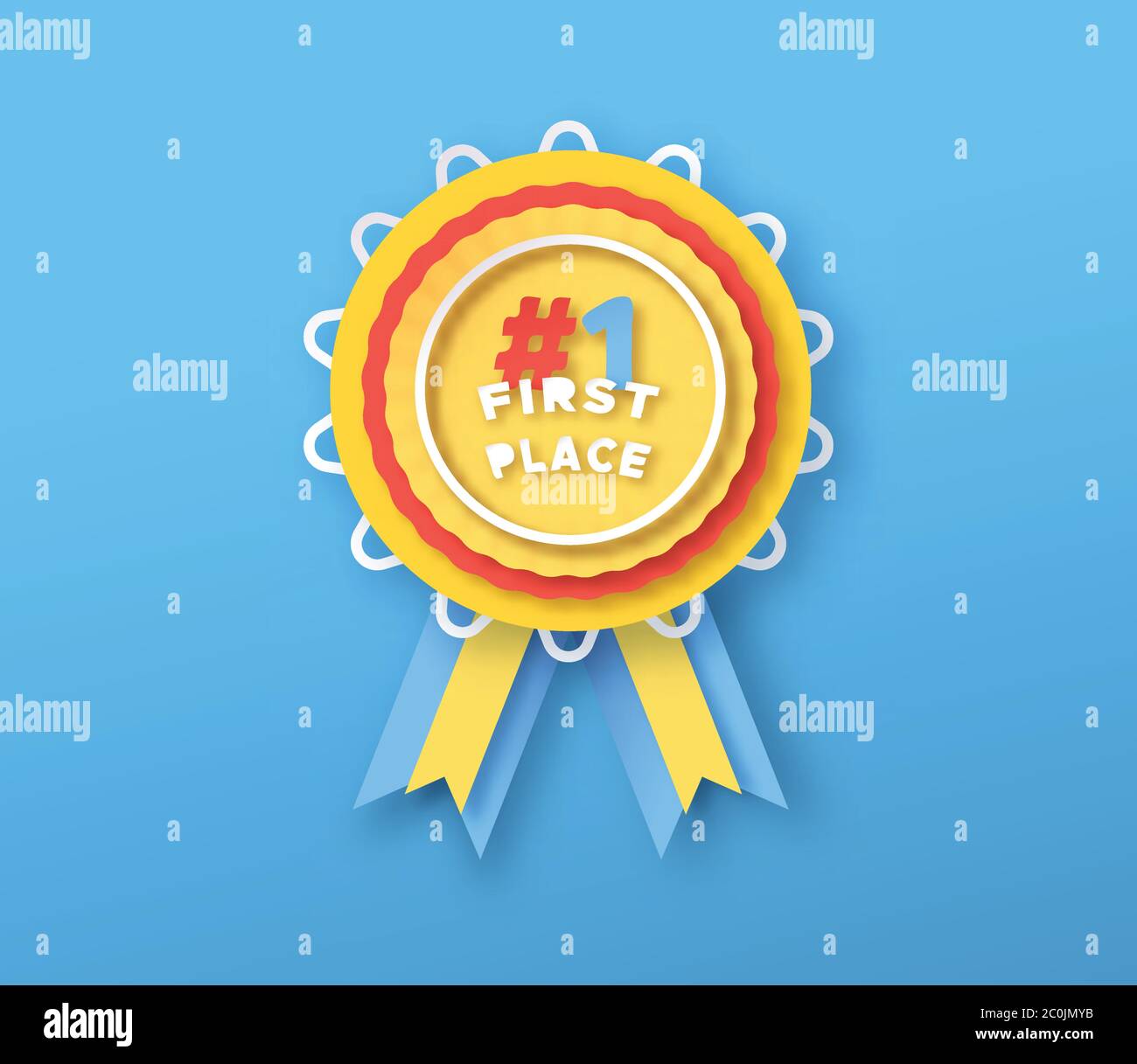 Medaglia di primo posto in colorato stile papercut, divertente primo vincitore nastro 3d cutout per i bambini celebrazione o gara di gioco. Illustrazione Vettoriale