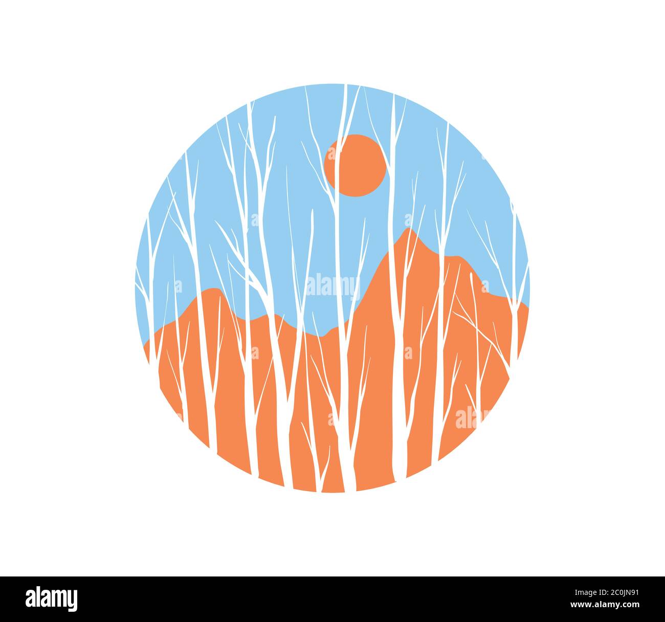 Inverno foresta di alberi con montagna e sole su sfondo isolato. Astratto natura paesaggio cerchio icona, legno orizzonte illustrazione disegno. Illustrazione Vettoriale