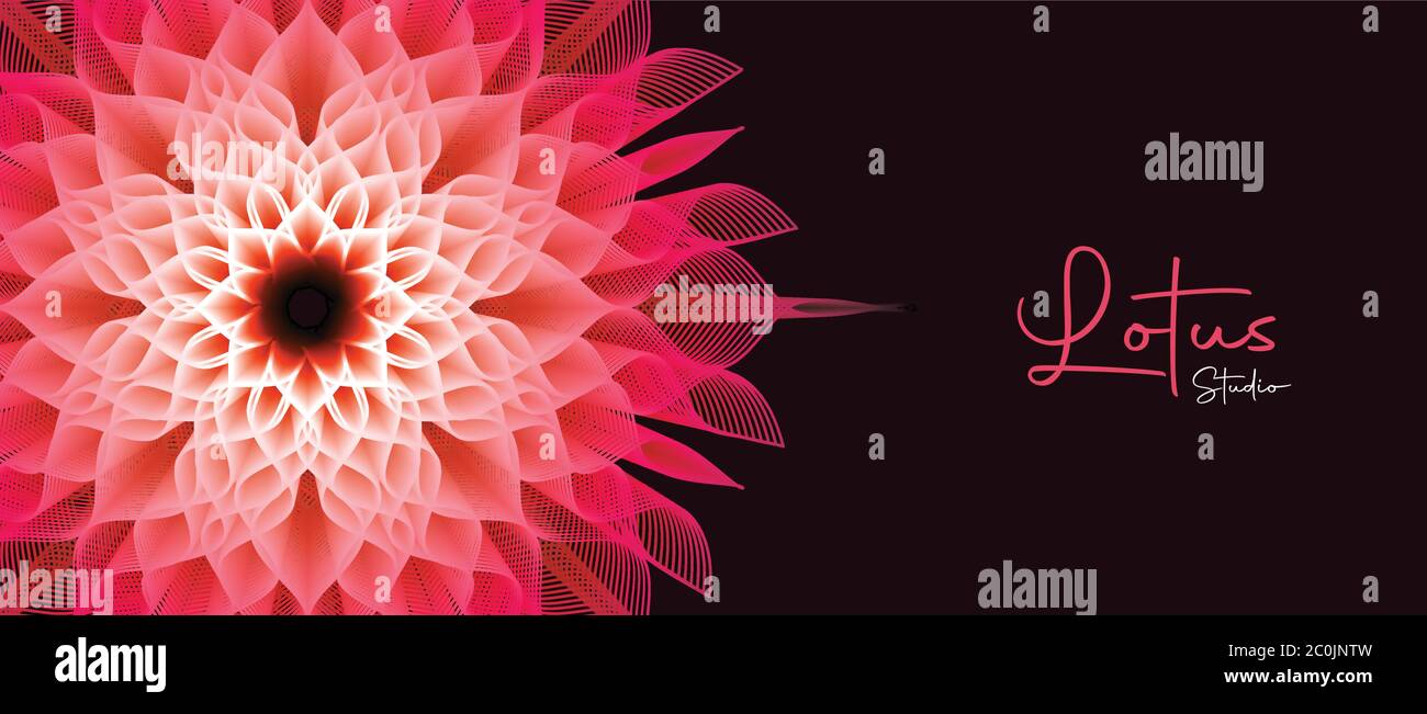 Illustrazione banner Yoga studio con design moderno in 3d mandala. Geometria sacra decorazione di fiori di loto per meditazione business o concetto di benessere. Illustrazione Vettoriale