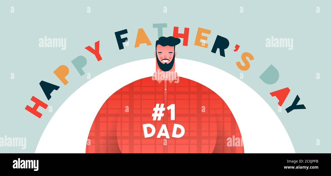 Happy Father's Day banner illustrazione di padre in colorato stile cartoon con speciale messaggio vacanza famiglia e numero uno citazione di testo papà. Illustrazione Vettoriale