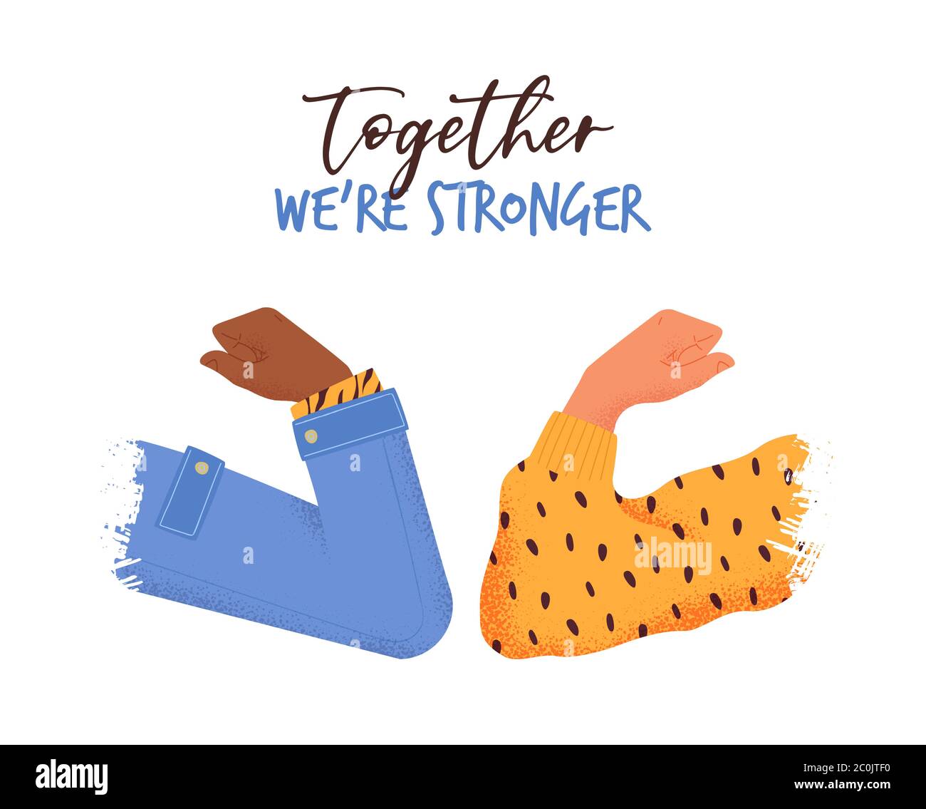 Insieme siamo più forte concetto di illustrazione con i giovani che fanno il saluto bump gomito. Messaggio di supporto di squadra forte per la campagna sociale di lavoro di squadra o. Illustrazione Vettoriale