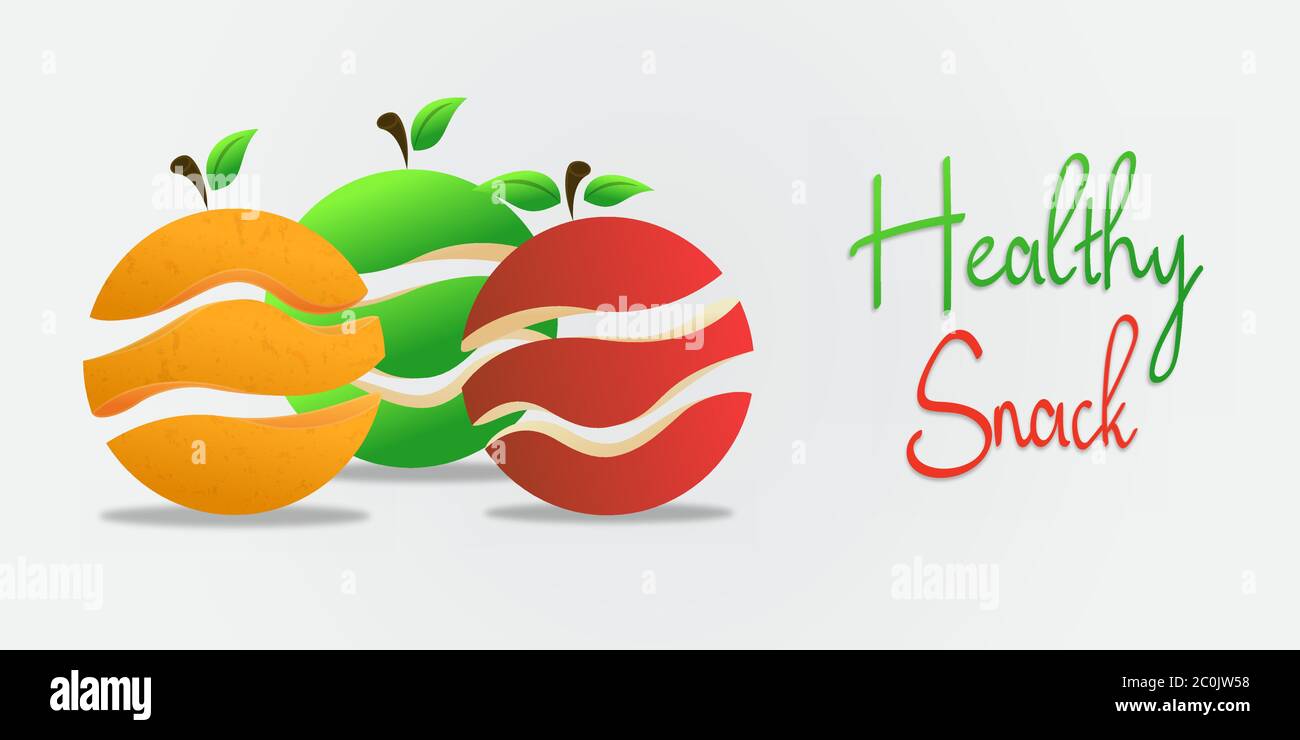 Un sano spuntino illustrazione di frutta fresca colorata tagliata a fette. Arancio naturale e mele per la dieta sanitaria o il concetto di nutrizione vegetariana . Illustrazione Vettoriale