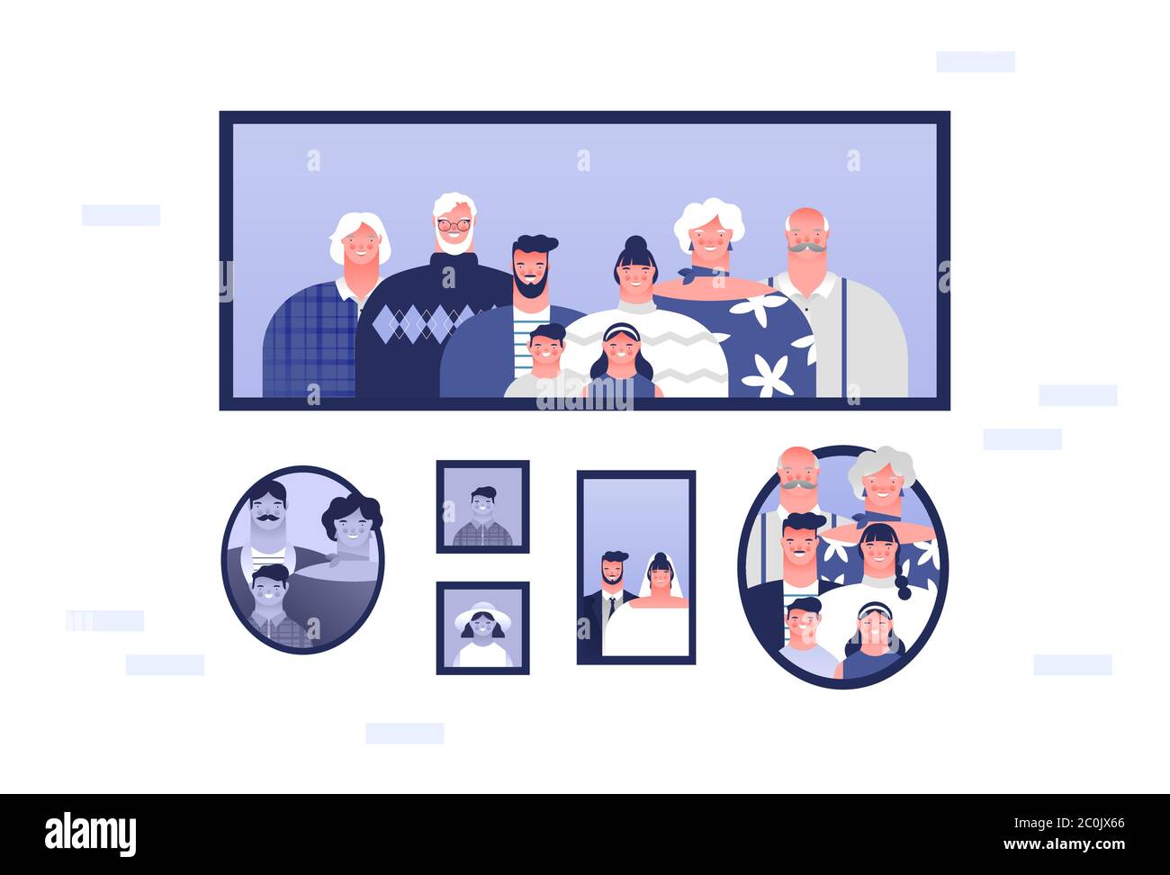 Set di illustrazioni per foto di personaggi di grandi dimensioni. Mamma felice, papà, nonno e bambini su sfondo isolato. Fotografie d'epoca della mattina Illustrazione Vettoriale