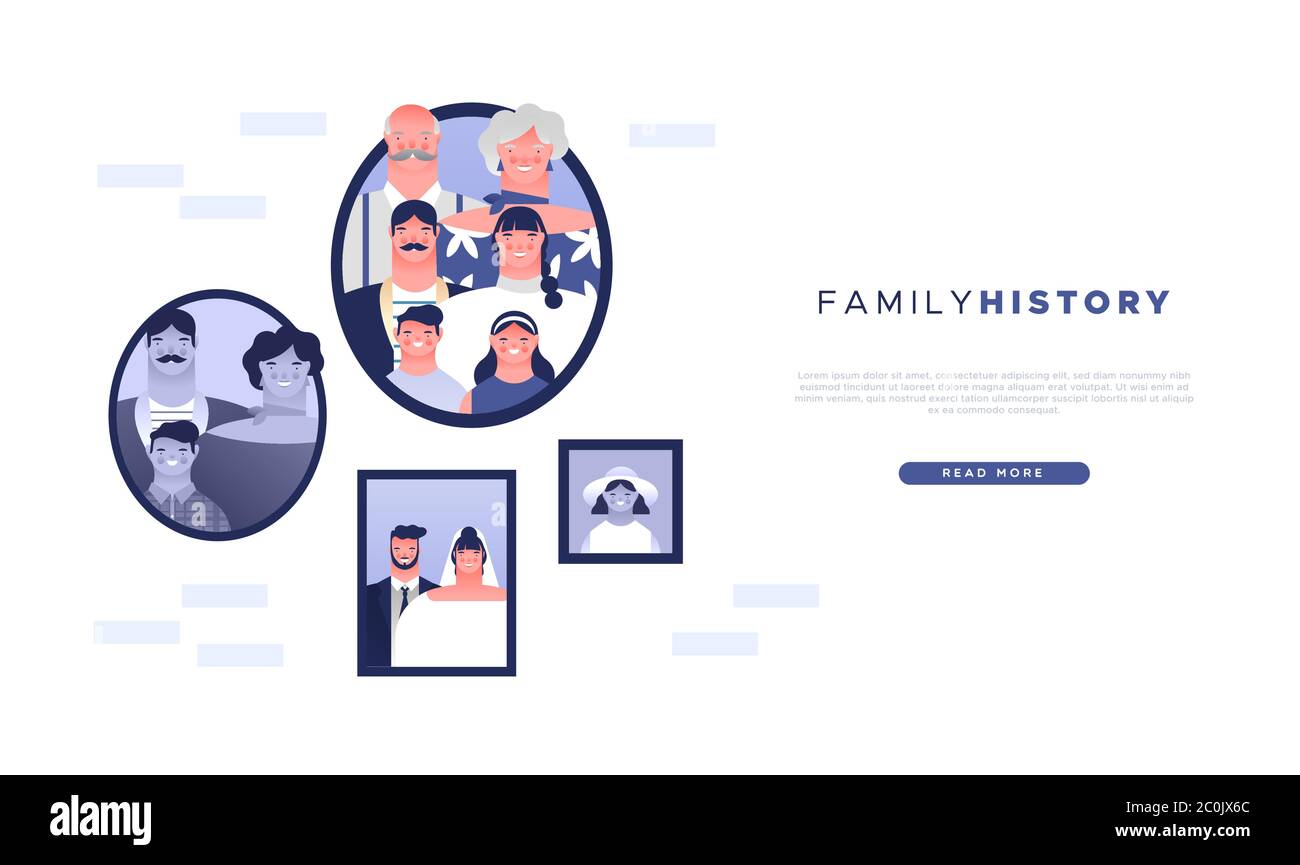 Storia della famiglia web modello illustrazione di vecchie cornici fotografiche e famiglie cartoon persone personaggi. Memorie di vita o studio genealogico landing page bac Illustrazione Vettoriale