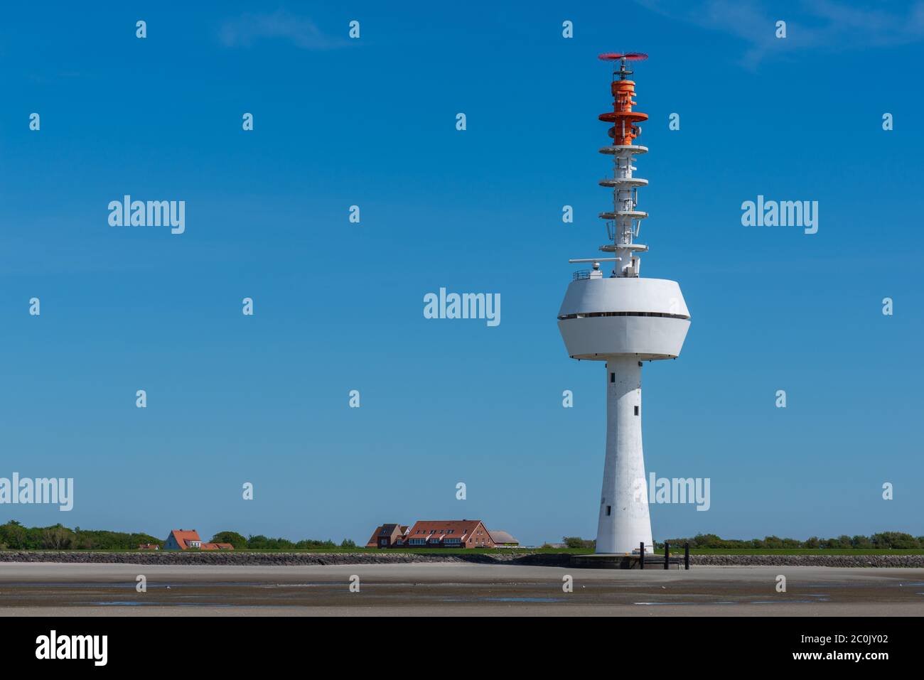 Torre radar sul Mare del Nord isola di Neuwerk, Waddensea, Patrimonio Mondiale dell'UNESCO, stato federale di Amburgo, Germania, Europa Foto Stock