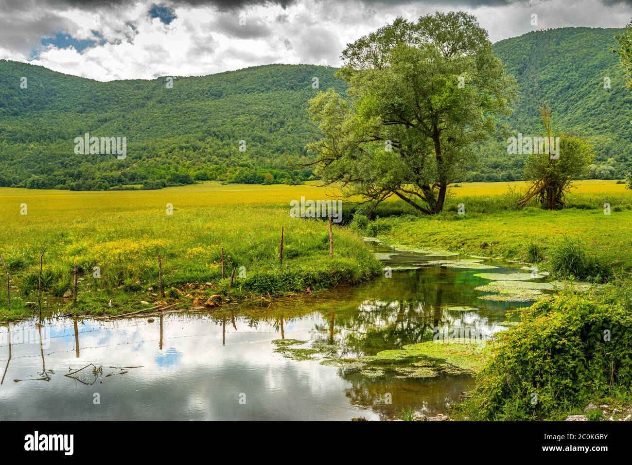 Il torrente Zittola attraversa i prati della torba di Montenero. Montenero Valcocchiara, Molise, Italia, Europa Foto Stock