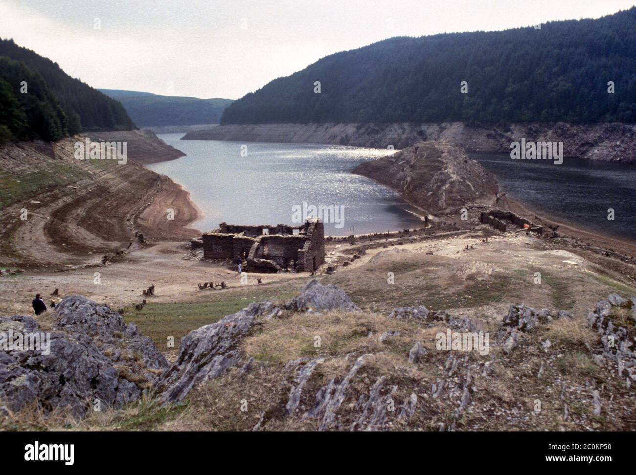 Villaggio di Nantgwylt, che è stato allagato negli anni '50 per formare il bacino idrico Caban Coch nella Valle Elan, Galles Foto Stock