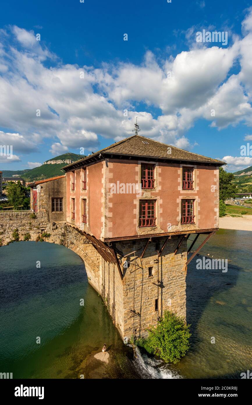 Vecchia città ponte di Millau sul fiume Tarn, Parco Naturale Regionale dei Grands Causses. Aveyron Department, Occitanie, Francia Foto Stock