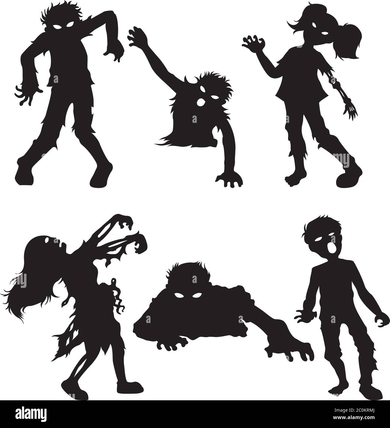 Set di zombie maschio e femmina di silhouette nere Illustrazione Vettoriale