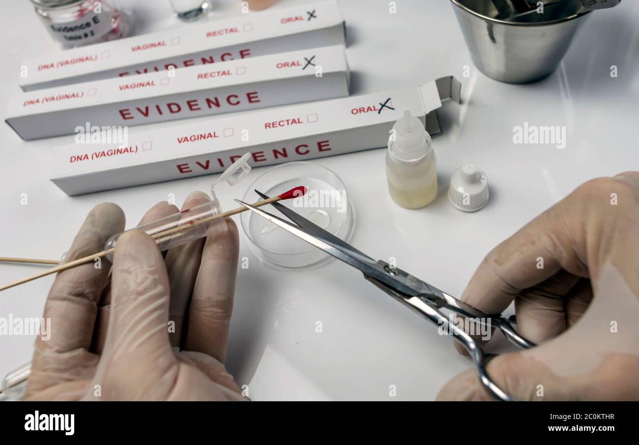 Taglio di poliziotti criminalistici specializzati con forbici per tamponi di sangue, analisi del DNA, immagine concettuale Foto Stock