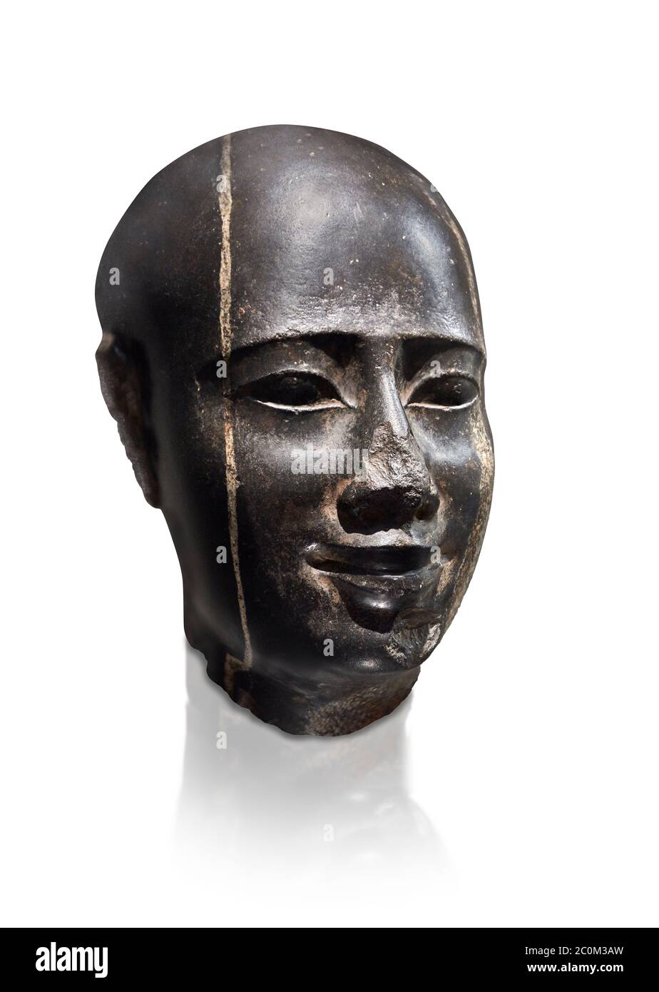 Antico busto egiziano di una statua di un maschio, graanodiorite, tardo periodo, (722-322 a.C.). Museo Egizio, Torino. Sfondo grigio. Sfondo bianco. Drovetti Foto Stock