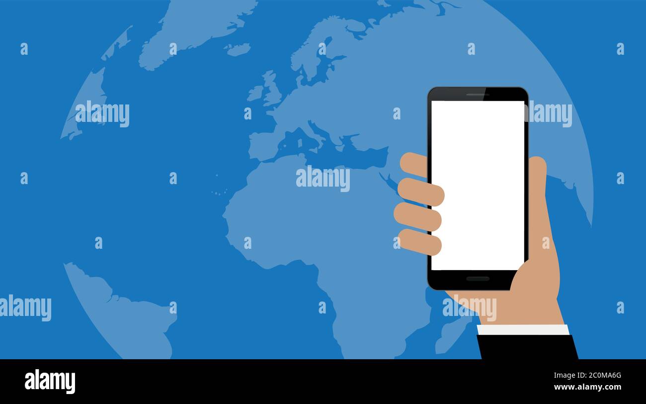 Tenere lo smartphone con la mano sullo sfondo blu della terra, illustrazione vettoriale EPS10 Illustrazione Vettoriale