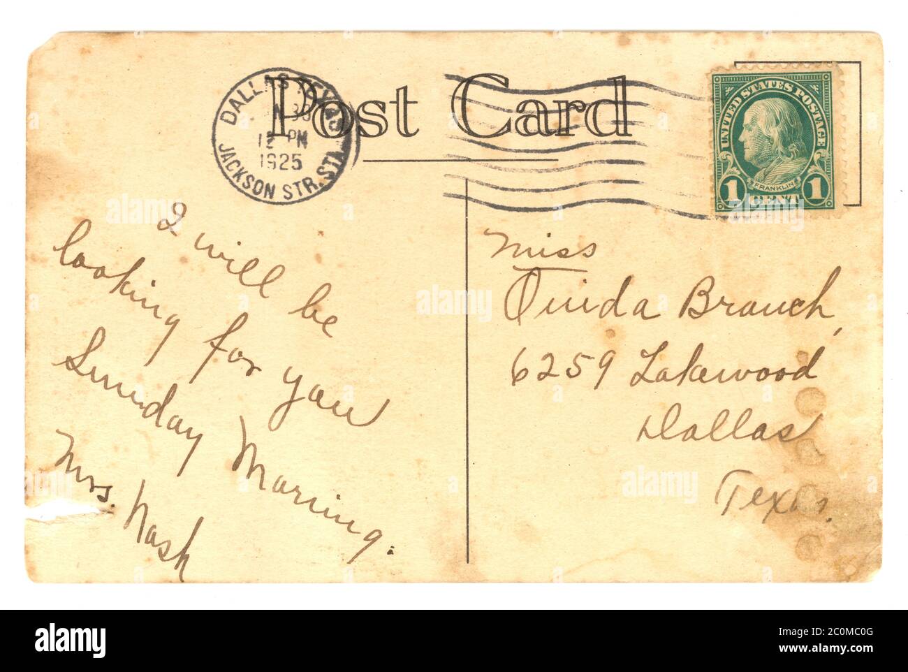 Retro della cartolina americana degli anni '20 pubblicato nel 1925 da Dallas, Texas, Stati Uniti Foto Stock