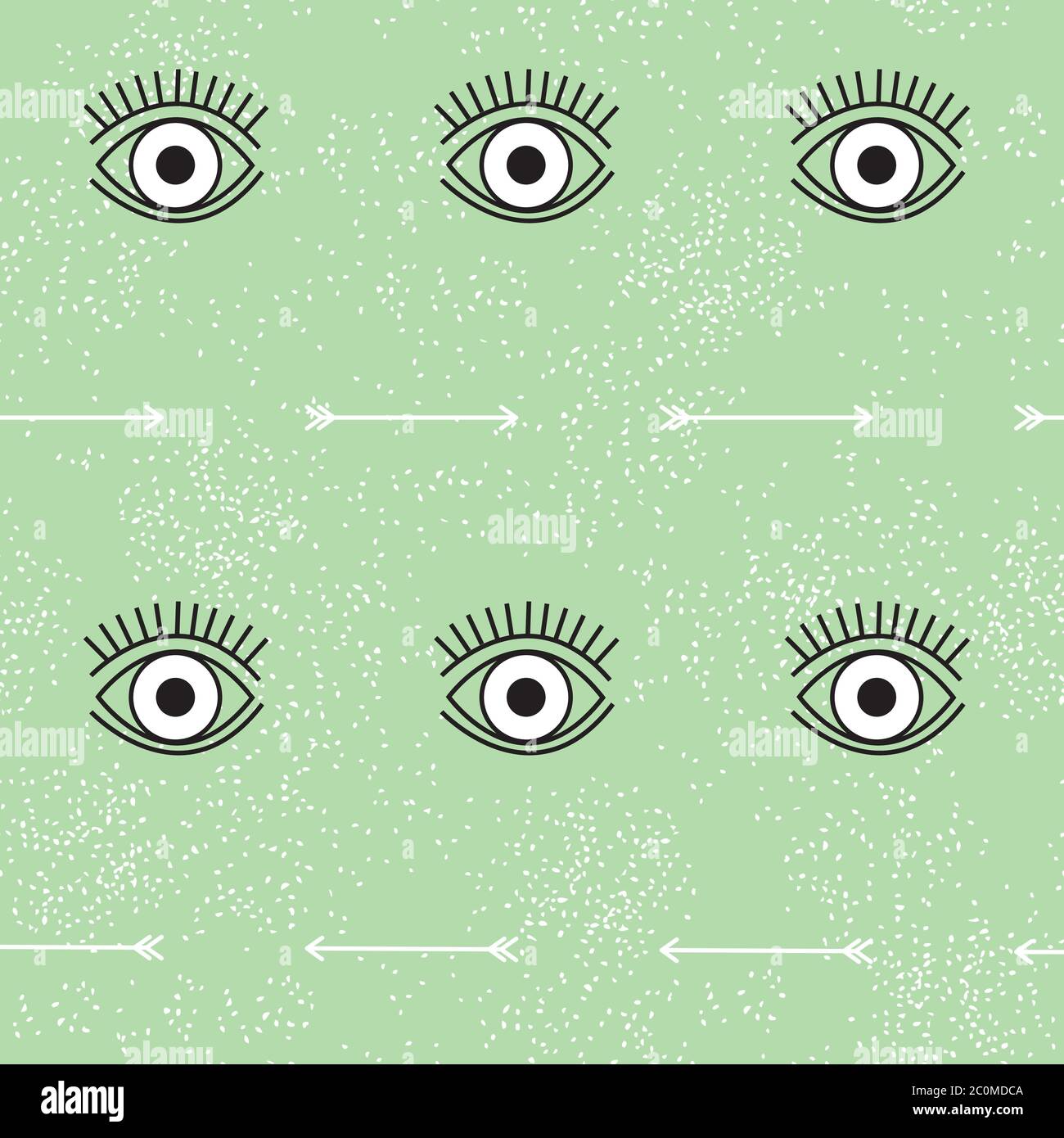 Schema vettoriale occhi e frecce in bianco e nero su sfondo struttura verde. Stile psichedelico. Elemento di design moderno per tessuti, sfondi. Illustrazione Vettoriale